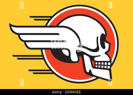 Flying skull circular badge design with wings and speed lines. Vector illustration of human skull with wings in profile view symbolizing speed. Stock Vector
