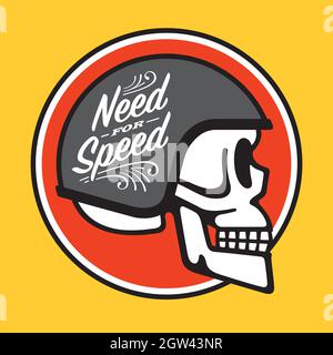 Skull with motorcycle helmet and need for speed lettering. Vector illustration of human skull with safety helmet for racing or motorcycle riding. Stock Vector