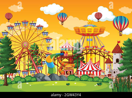 Amusement park scene at daytime with balloons and rainbow in the sky ...