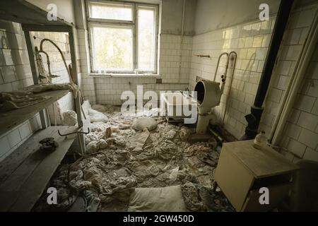 Laundry Room at Pripyat Hospital - Pripyat, Chernobyl Exclusion Zone, Ukraine Stock Photo