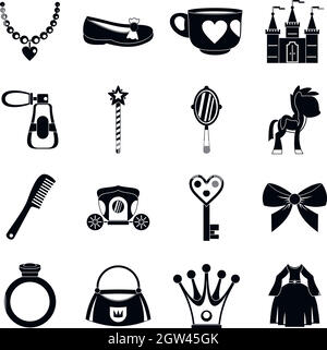 Doll princess items icons set, simple style Stock Vector