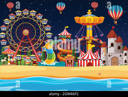 Amusement park with beach side scene at night with ballons in the sky Stock Vector