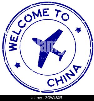 Grunge blue welcome to China word with airplane icon round rubber seal stamp on white background Stock Vector