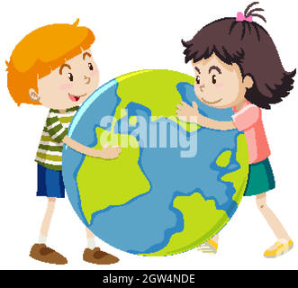 Happy boy and girl hugging big world on white background Stock Vector