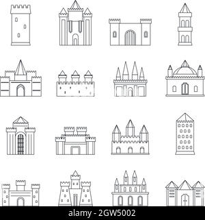 Towers and castles icons set, outline style Stock Vector