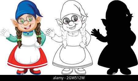 Gnome in color and outline and silhouette in cartoon character on white background Stock Vector