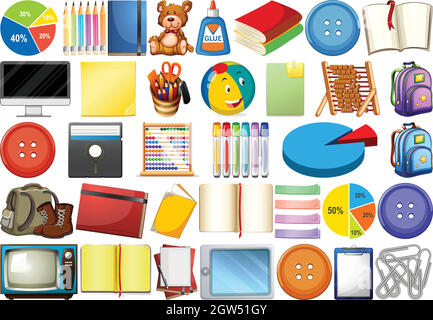 Assorted office, home and school related objects and toys isolated Stock Vector