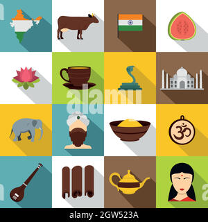 India travel icons set, flat style Stock Vector