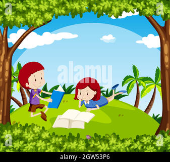 Boy and girl reading book in park Stock Vector