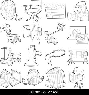 Movie cinema symbols icons set, outline style Stock Vector