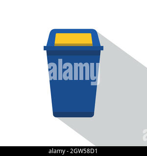 Blue plastic wastebasket icon, flat style Stock Vector