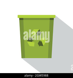 Green bin with recycle symbol icon, flat style Stock Vector