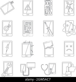 Device repair symbols icons set, outline style Stock Vector
