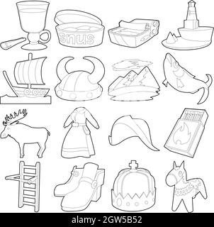 Sweden travel symbols icons set, outline style Stock Vector