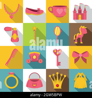 Doll princess items icons set, flat style Stock Vector