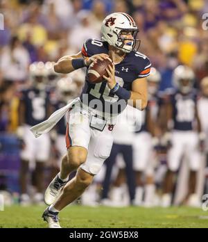 Baton Rouge, LA, USA. 2nd Oct, 2021. Auburn's Bo Nix (10) rolls out of the pocket during NCAA football game action between the Auburn Tigers and the LSU Tigers at Tiger Stadium in Baton Rouge, LA. Jonathan Mailhes/CSM/Alamy Live News Stock Photo