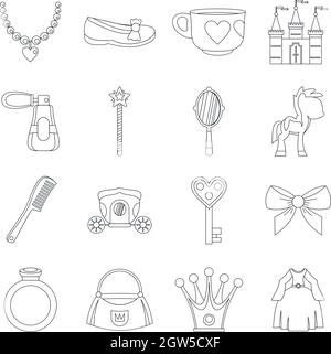 Doll princess items icons set, outline style Stock Vector