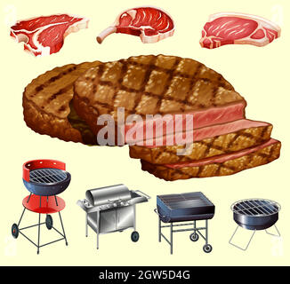 Premium Vector  Cartoon barbecue equipment, outdoor bbq picnic elements.  grilled steak and vegetables, barbecued food for summer grill party vector  set. cooking tools and appliances, charcoal and meat