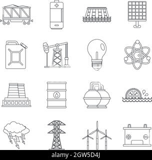 Energy sources items icons set, outline style Stock Vector