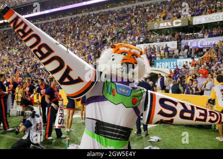 Baton Rouge, LA, USA. 2nd Oct, 2021. The Auburn Tiger mascot plays on the sideline during NCAA football game action between the Auburn Tigers and the LSU Tigers at Tiger Stadium in Baton Rouge, LA. Jonathan Mailhes/CSM/Alamy Live News Stock Photo