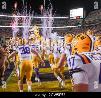 Baton Rouge, LA, USA. 2nd Oct, 2021. The LSU football team takes the field prior to NCAA football game action between the Auburn Tigers and the LSU Tigers at Tiger Stadium in Baton Rouge, LA. Jonathan Mailhes/CSM/Alamy Live News Stock Photo