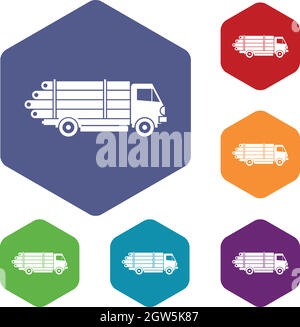 Log truck with the pile of logs icons set Stock Vector