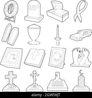 Funeral icons set, outline style Stock Vector