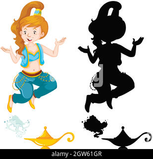 Genie girl magic lantern or aladdin lamp in color and silhouette isolated on white background Stock Vector