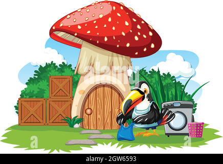 Mushroom house with cute bird cartoon style on white background Stock Vector