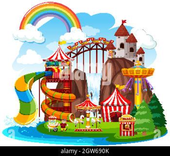 Themepark scene with many rides and happy children illustration Stock ...