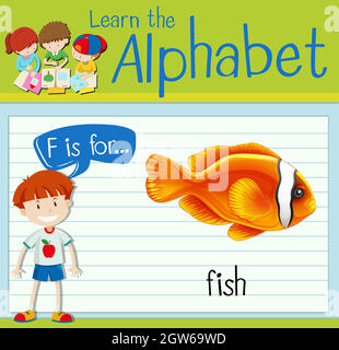 Learning English Alphabet. Card with Letter F and Fish