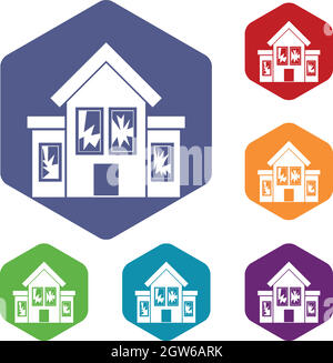 House with broken windows icons set Stock Vector