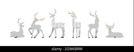 Silhouettes of grey reindeers. Cute deers with antlers standing and jumping. Vector illustration in flat cartoon style Stock Vector