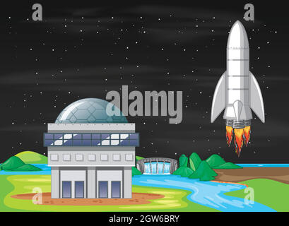 Scene with spaceship flying in the sky Stock Vector