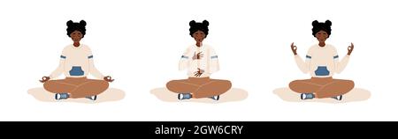 Abdominal breathing. African woman practicing belly breathing for relaxation. Breath awareness yoga exercise. Meditation for body, mind and emotions Stock Vector
