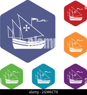 Ship of Columbus icons set Stock Vector