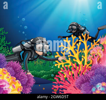 Scuba diving in deep ocean Stock Vector