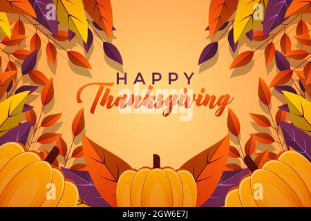 flat design happy thanksgiving with leaves and pumpkin Stock Vector