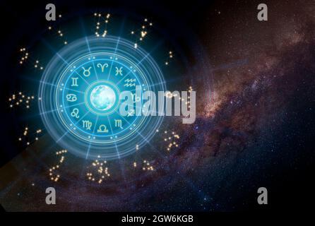 Zodiac signs inside of horoscope circle. Astrology in the sky with many stars and moons astrology and horoscopes concept. Stock Photo