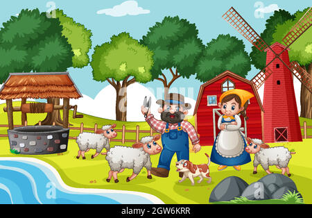 Old MacDonald in a farm nursery rhymes scene Stock Vector