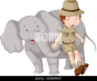 Boy in safari outfit and Elephant Stock Vector