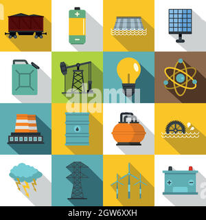 Energy sources items icons set, flat style Stock Vector