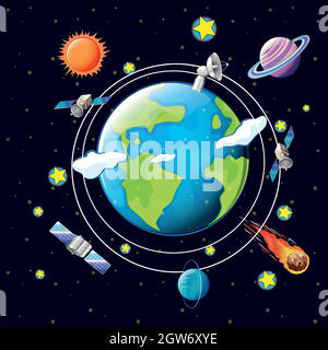 Space theme with satellites and planets around earth Stock Vector