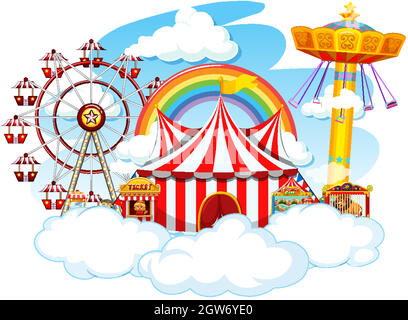 Themepark scene with many rides on the island illustration Stock Vector ...