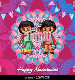 Navaratri poster design with kids holding maracas Stock Vector