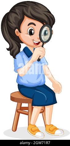 Girl in blue shirt looking through magnifying glass Stock Vector