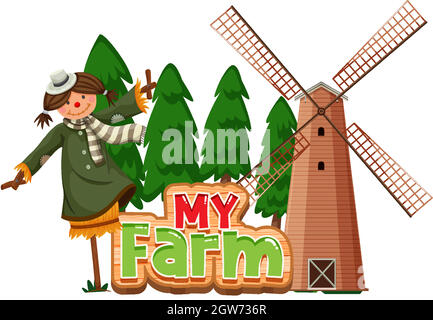 Word design for my farm with scarecrow and windmill Stock Vector