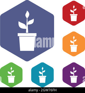 Plant in clay pot icons set Stock Vector