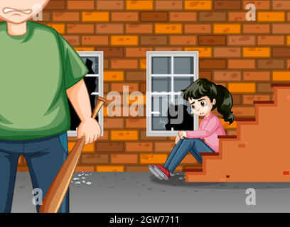 Scene with angry man and crying girl on the street Stock Vector