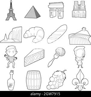 France travel icons set, outline style Stock Vector